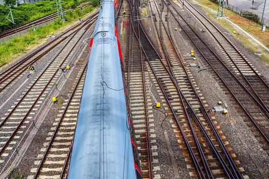 Multiple railroad tracks with junctions at a railway station in a perspective and birds view photo