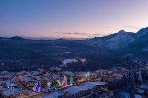 Aerial view of Leavenworth, Washington at sunset in December of 2021 photo