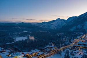 Aerial view of Leavenworth, Washington at sunset in December of 2021 photo