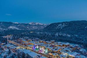 Aerial view of Leavenworth, Washington at sunset in December of 2021 photo