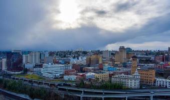 Aerial view of the downtown Tacoma, Washington waterfront skyline in December 2021 photo