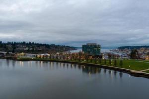 The Olympia, Washington waterfront at twilight in December of 2021 photo