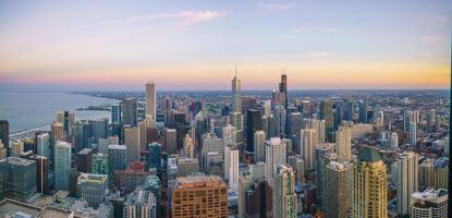 Aerial view of Chicago downtown skyline at sunset photo