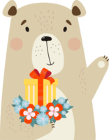 Cute bear with gift and flowers png