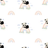 Seamless pattern with panda, flowers and rainbow png