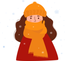 garota de inverno congelada de chapéu, embrulhada até o nariz em cachecol quente png