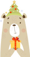 urso fofo com árvore de natal e presente png