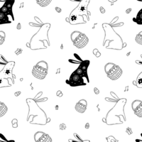 padrão perfeito de páscoa com coelhinhos da páscoa em estilo doodle desenhado à mão linear png