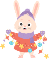 cute rabbit in winter knitted clothes with christmas garland. New Year 2023. Year of the Rabbit. png
