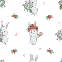 Seamless pattern with cute hares and flowers png