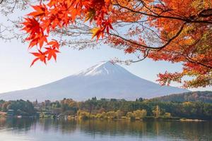 monte. fuji en otoño con hojas de arce rojas foto