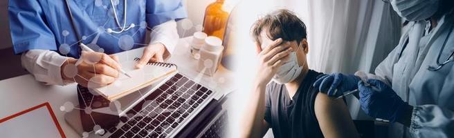 Medicine doctor hand working on a patients x-ray scans digital healthcare and connection with modern virtual screen interface icons, Medical technology and network concept. photo