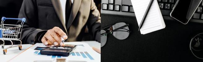 Business accounting concept, Business man using calculator with computer laptop, budget and loan paper in office. photo