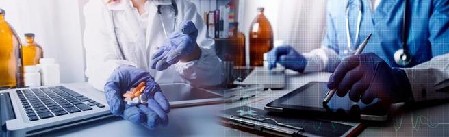 Medicine doctor hand working on a patients x-ray scans digital healthcare and connection with modern virtual screen interface icons, Medical technology and network concept. photo