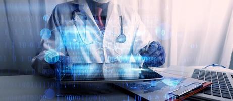 Double exposure of technology healthcare And Medicine concept. Doctors using digital tablet and modern virtual screen interface icons panoramic banner, blurred background. photo