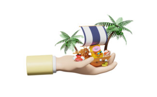 3d hands holding sailing boat with helm, suitcase, palm tree png