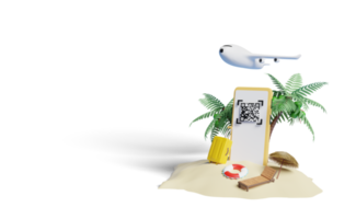 3d smartphone con salvagente, palme albero, qr codice lettura png