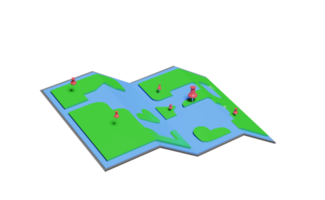 mapa 3d y pin aislado en azul. concepto de viaje de la tierra del mapa png