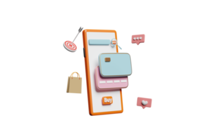 3d smartphone with credit card, heart icons, social media png