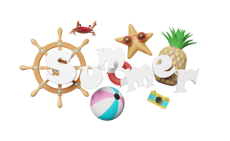 3d summer travel with helm, ball, starfish, pineapple, camera png