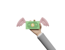 3d hombre de negocios manos sosteniendo alas de billetes de dólar volador png