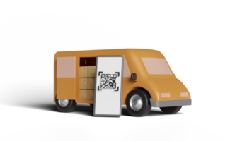 3d delivery van with smartphone, qr code scanning isolated png