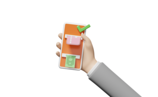 3d hands holding smartphone with banknote, check mark png