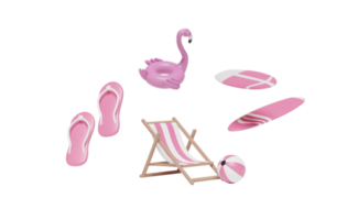Mer d'été de voyage 3d avec chaise de plage, flamant rose gonflable