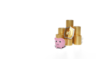 3d rosa Sparschwein mit goldenem Schild, gestapeltes Münzgeld png