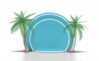 3d blue cylinder stage podium empty with coconut palm tree