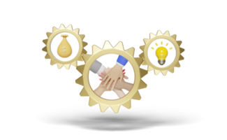 3d gear with people their hands together, yellow light bulb png