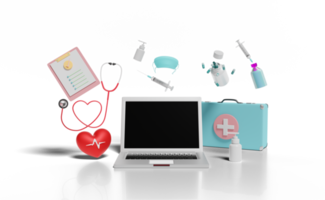 3d first aid kit bag with laptop computer, check list png