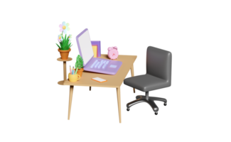 Ordinateur portable 3d sur table avec bureau au bureau, tasse à café, avion, manuel, livre, pot de fleur, chaise de bureau isolée. illustration de rendu 3d png
