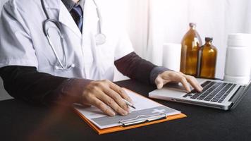 Double exposure of technology healthcare And Medicine concept. Doctors using digital tablet and modern virtual screen interface icons panoramic banner, blurred background. photo