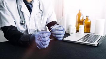 Double exposure of technology healthcare And Medicine concept. Doctors using digital tablet and modern virtual screen interface icons panoramic banner, blurred background. photo