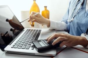 Double exposure of technology healthcare And Medicine concept. Doctors using digital tablet and modern virtual screen interface icons panoramic banner, blurred background. photo