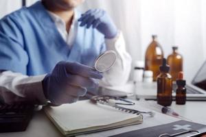 Double exposure of technology healthcare And Medicine concept. Doctors using digital tablet and modern virtual screen interface icons panoramic banner, blurred background. photo