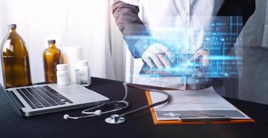 Double exposure of technology healthcare And Medicine concept. Two doctors using digital tablet and modern virtual screen interface icons panoramic banner, blurred background. photo