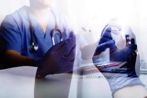 Double exposure of technology healthcare And Medicine concept. Doctors using digital tablet and modern virtual screen interface icons panoramic banner, blurred background. photo