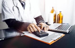 Double exposure of technology healthcare And Medicine concept. Doctors using digital tablet and modern virtual screen interface icons panoramic banner, blurred background. photo