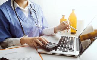 Double exposure of technology healthcare And Medicine concept. Doctors using digital tablet and modern virtual screen interface icons panoramic banner, blurred background. photo