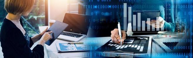 Business team finance or bookkeeper working with a calculator to calculate business data summary report, accountancy document and laptop computer at the office, business meeting concept photo