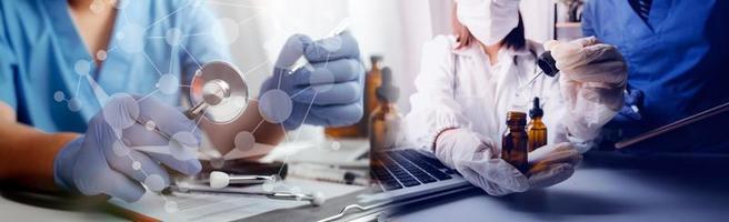 Medicine doctor hand working on a patients x-ray scans digital healthcare and connection with modern virtual screen interface icons, Medical technology and network concept. photo