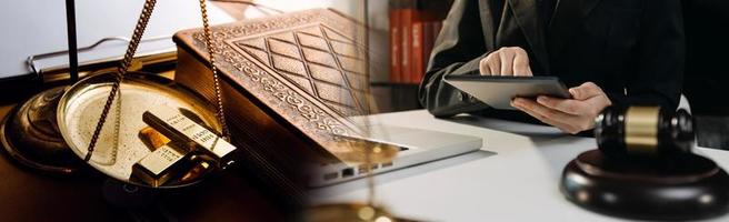 Business and lawyers discussing contract papers with brass scale on desk in office. Law, legal services, advice, justice and law concept picture with film grain effect photo