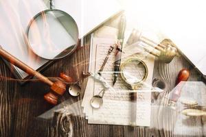 Business and lawyers discussing contract papers with brass scale on desk in office. Law, legal services, advice, justice and law concept picture with film grain effect photo