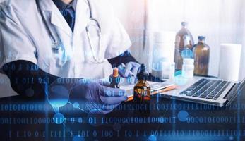 Medicine doctor hand working on a patients x-ray scans digital healthcare and connection with modern virtual screen interface icons, Medical technology and network concept. photo