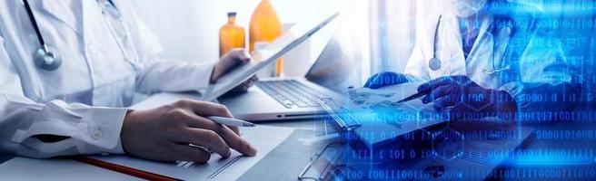 Medicine doctor and robotics research and analysis. Diagnose checking coronavirus or covid-19 testing result with virtual screen in laboratory, Inhibition of disease outbreaks and Medical technology photo