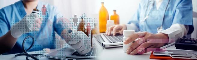 Medicine doctor hand working on a patients x-ray scans digital healthcare and connection with modern virtual screen interface icons, Medical technology and network concept. photo