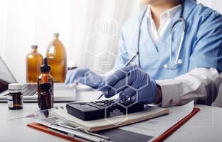 Double exposure of technology healthcare And Medicine concept. Doctors using digital tablet and modern virtual screen interface icons panoramic banner, blurred background. photo