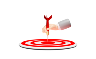 Objetivo rojo 3d con manos de hombre de negocios sosteniendo dardos o flechas aisladas. concepto de objetivo de negocio, ilustración de renderizado 3d png